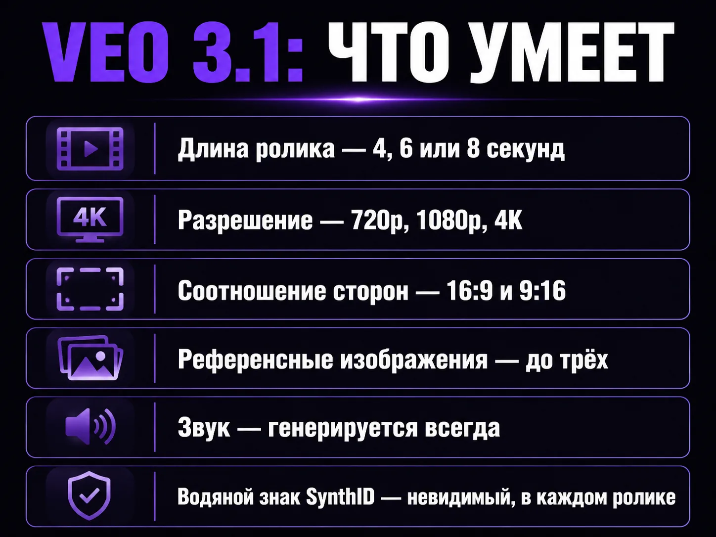Инфографика с параметрами Veo 3.1: длина ролика, разрешение, соотношение сторон, референсы, звук и водяной знак