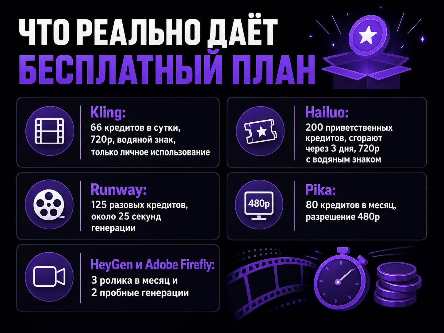 Сводка бесплатных планов: Kling — 66 кредитов в сутки, Hailuo — 200 приветственных кредитов на три дня, Runway — 125 разовых, Pika — 80 в месяц, HeyGen и Firefly — единичные ролики