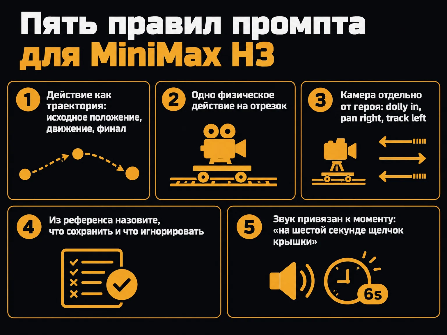 Инфографика: пять правил промпта для MiniMax H3 — траектория, одно действие, камера, референсы, звук
