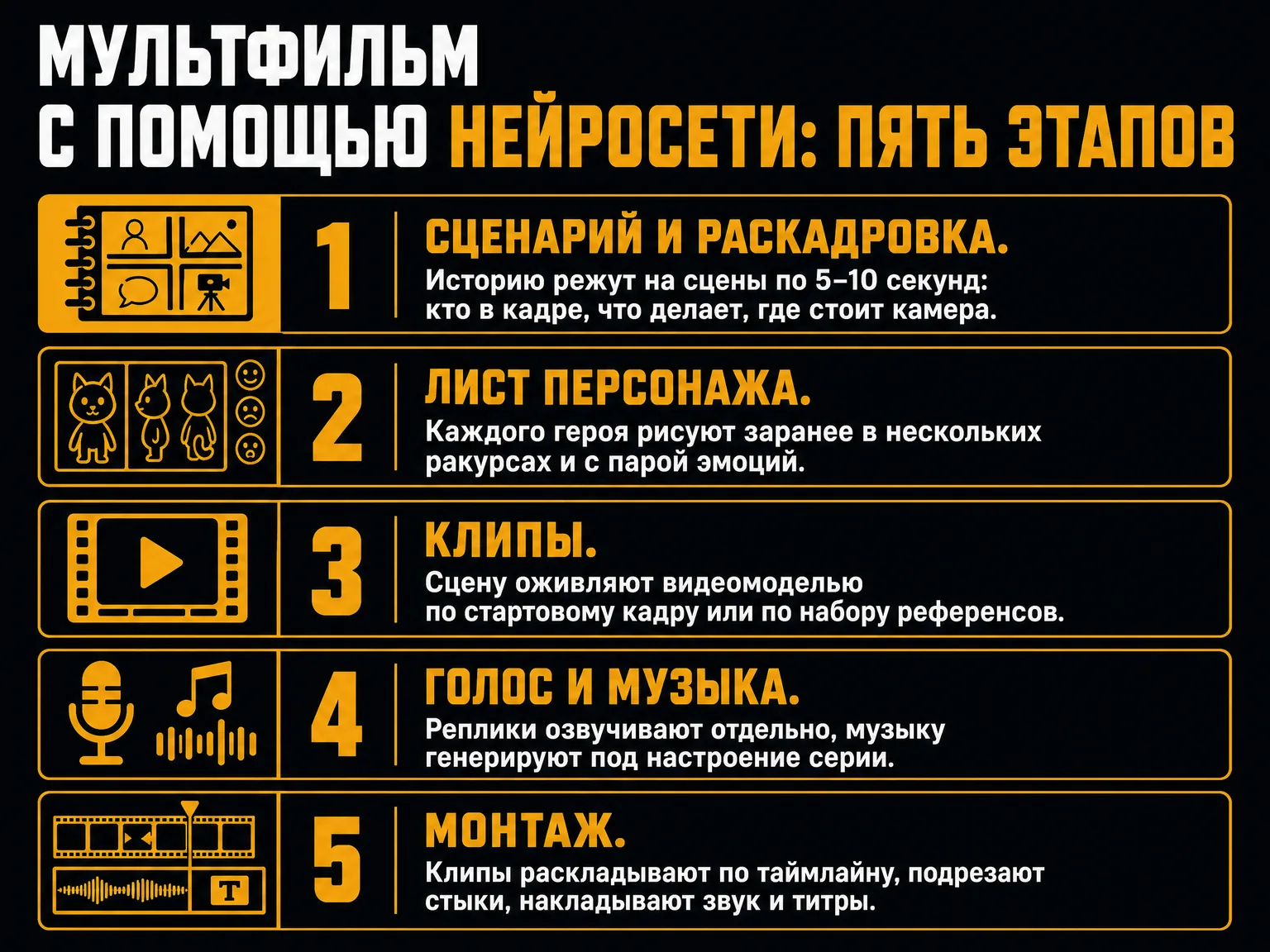 Пять этапов создания мультфильма нейросетью: сценарий и раскадровка, лист персонажа, клипы, голос и музыка, монтаж