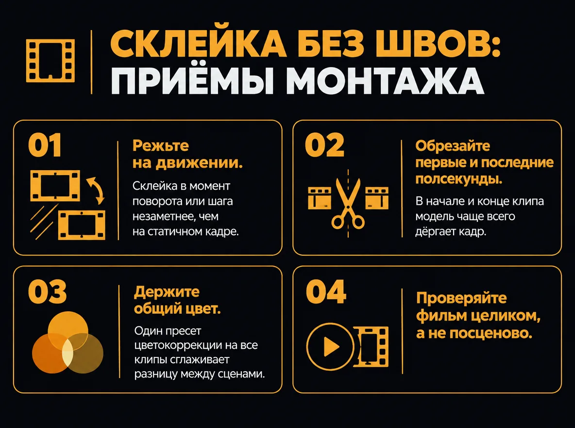 Приёмы монтажа ИИ-мультфильма: резать на движении, обрезать края клипов, держать общий цвет и проверять фильм целиком