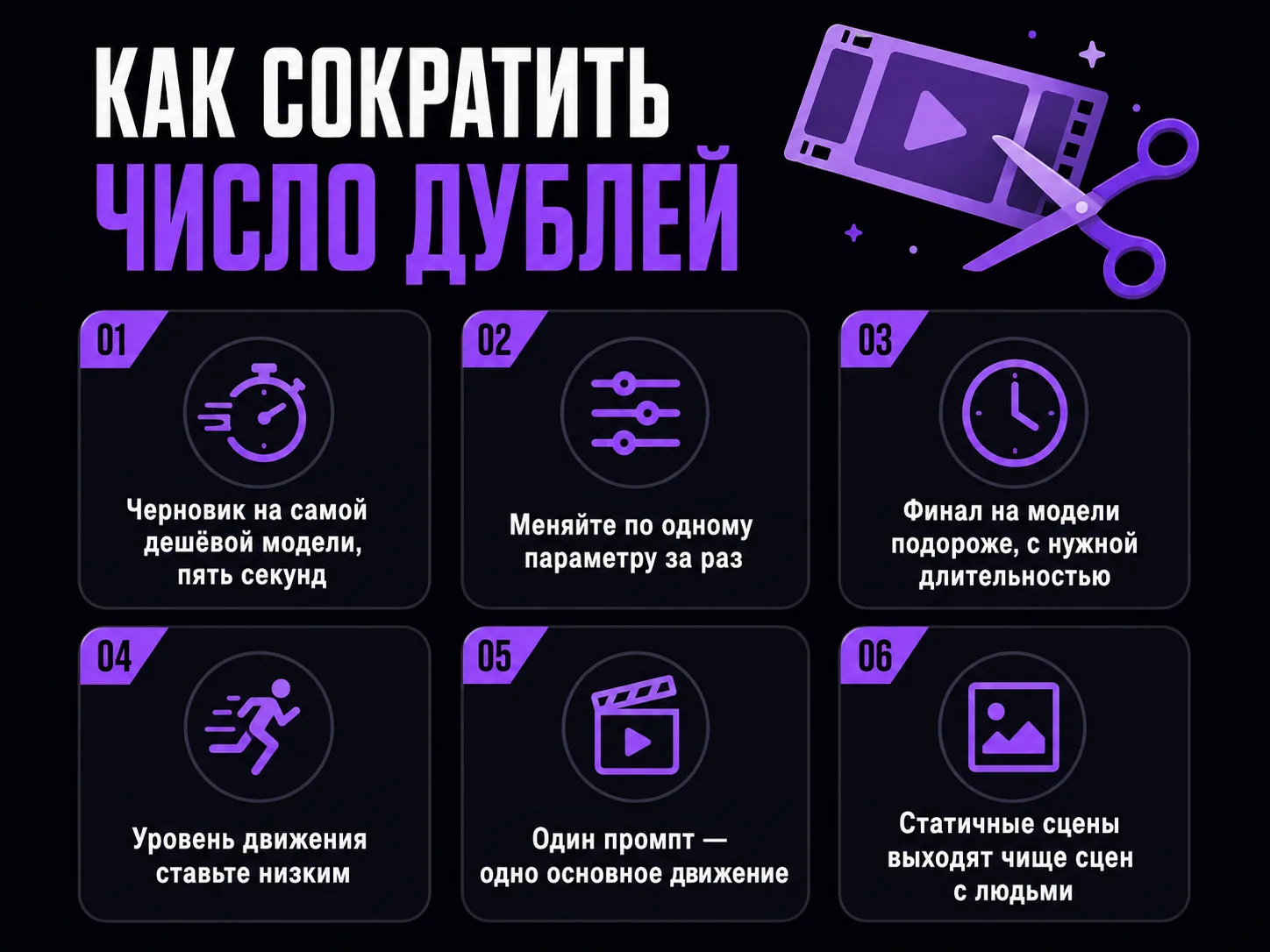Шесть правил, которые сокращают число неудачных дублей: черновик на дешёвой модели, один параметр за раз, низкий уровень движения
