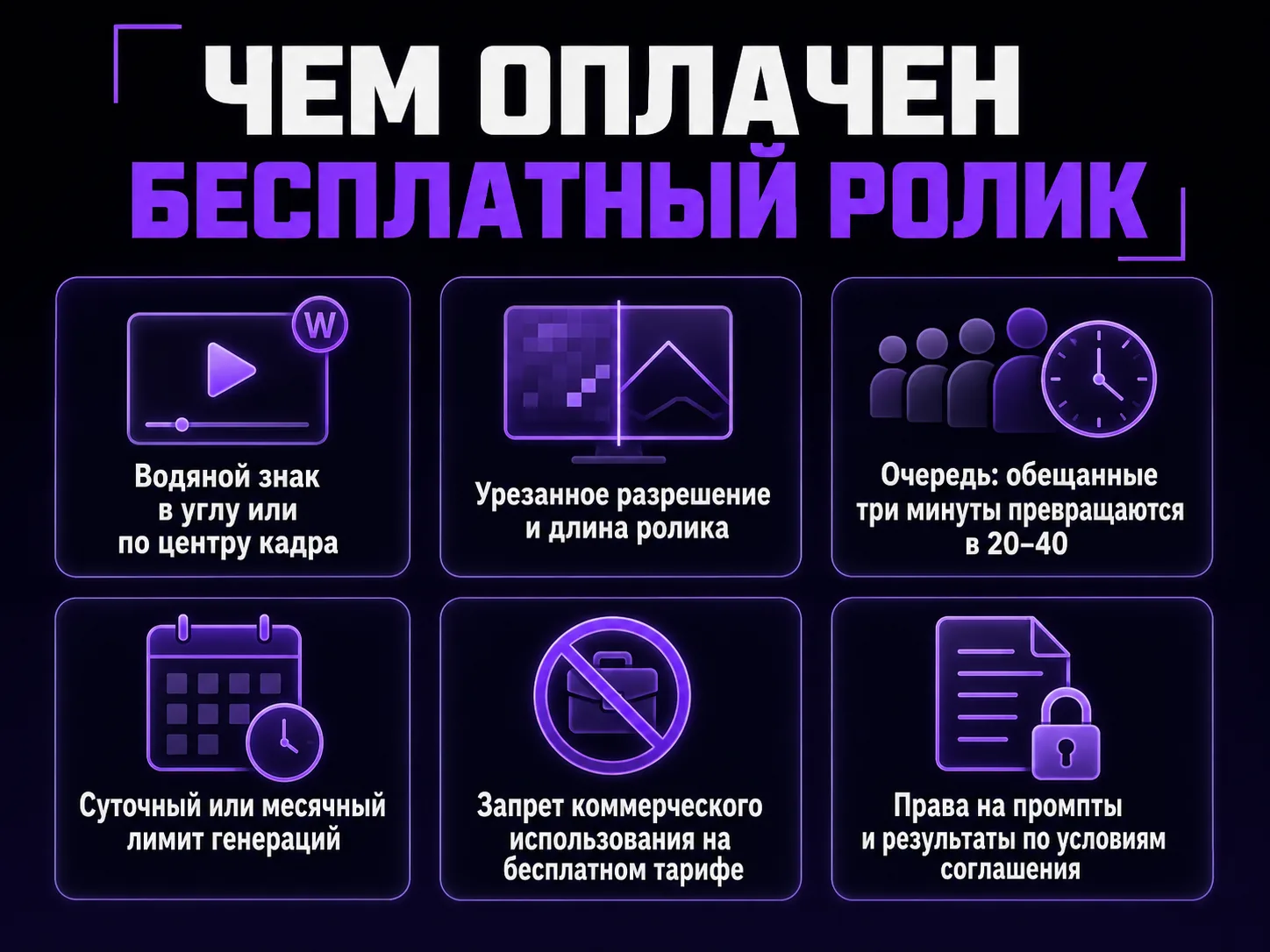 Список платы за бесплатный ролик: водяной знак, урезанное качество, очередь 20–40 минут, лимит генераций, запрет коммерции, права на результат