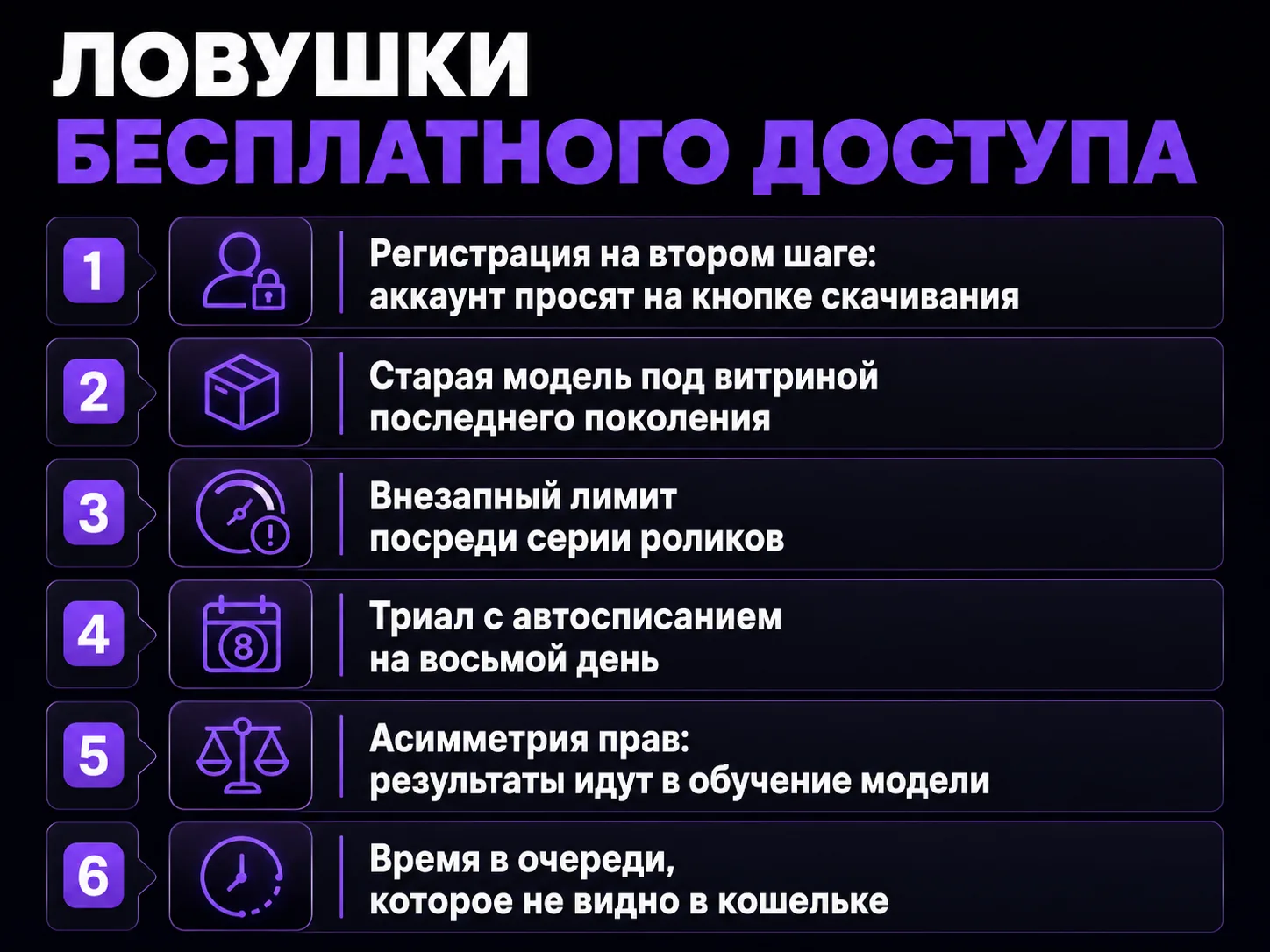 Ловушки бесплатного доступа: регистрация на скачивании, старая модель, внезапный лимит, автосписание после триала, права на результат, потерянное время