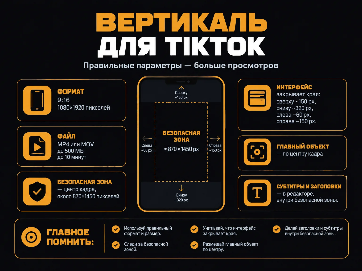 Инфографика: требования TikTok к вертикальному видео — формат 9:16, 1080×1920, файл MP4 или MOV, безопасная зона около 870×1450 пикселей и отступы, которые закрывает интерфейс
