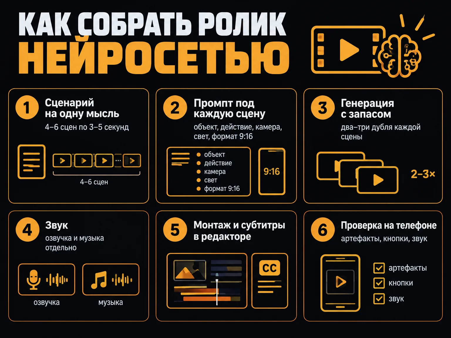 Инфографика: шесть шагов сборки ролика нейросетью — сценарий, промпты по сценам, генерация дублей, звук, монтаж с субтитрами, проверка на телефоне