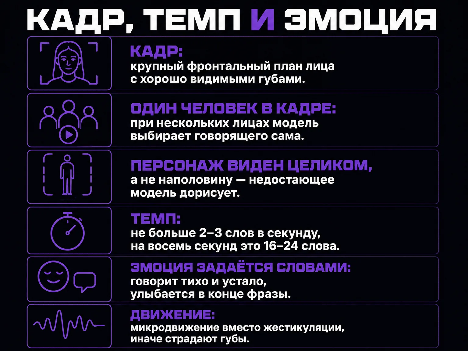 Инфографика: правила кадра, темпа речи и эмоции для говорящего портрета — крупный фронтальный план, одно лицо, 2–3 слова в секунду, эмоция словами