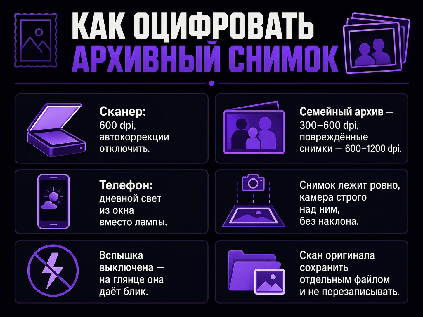 Инфографика с правилами оцифровки архивного снимка: 600 dpi без автокоррекций, диапазоны разрешения, съёмка телефоном при дневном свете без вспышки, хранение оригинала скана
