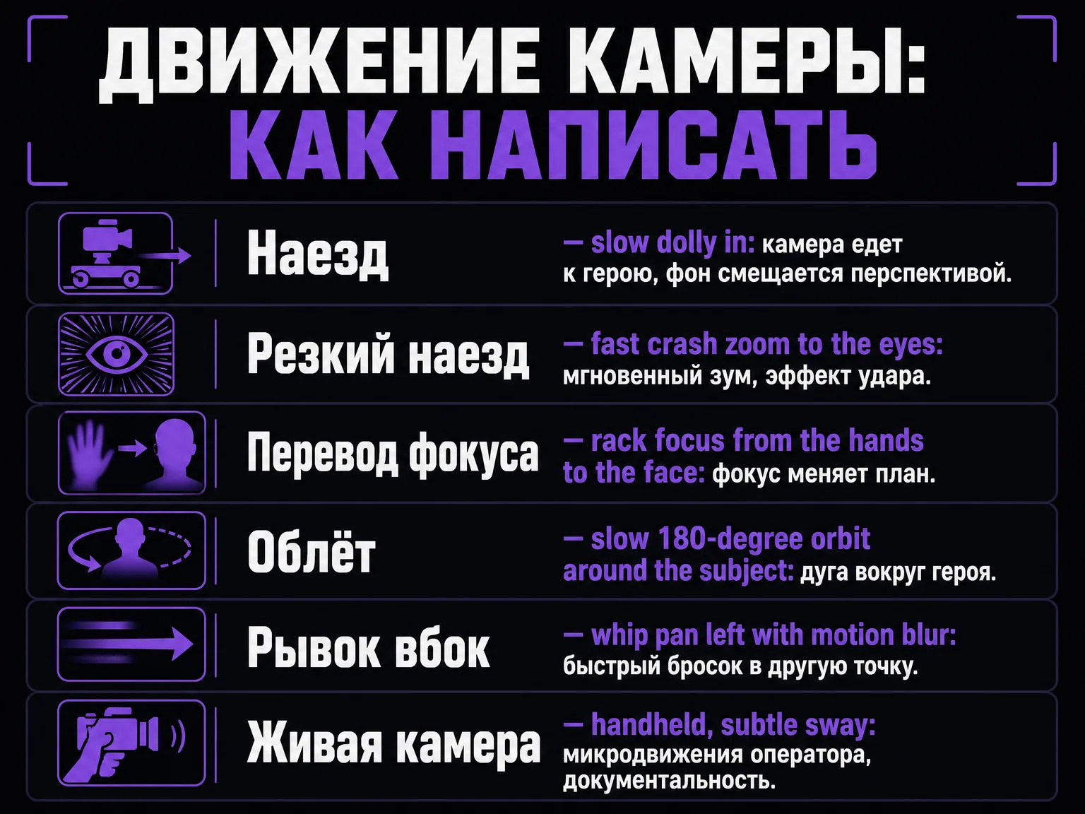 Шпаргалка формулировок движения камеры: dolly in, crash zoom, rack focus, orbit, whip pan, handheld