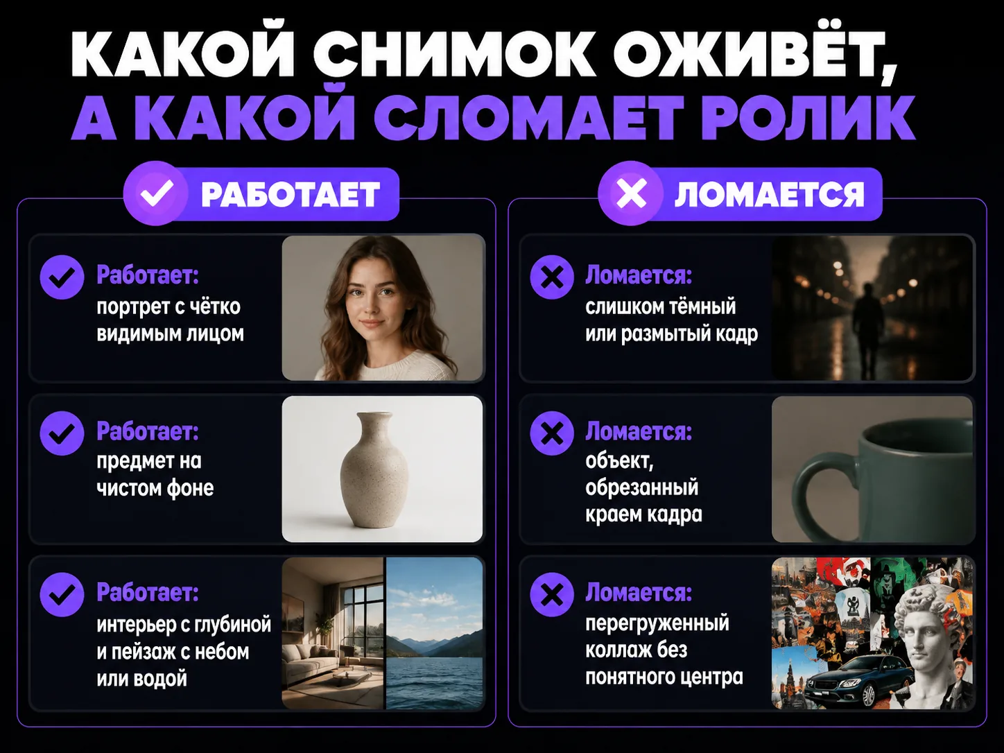 Список: портрет с чётким лицом, предмет на чистом фоне, интерьер и пейзаж работают; тёмный или размытый кадр, обрезанный объект и коллаж ломаются