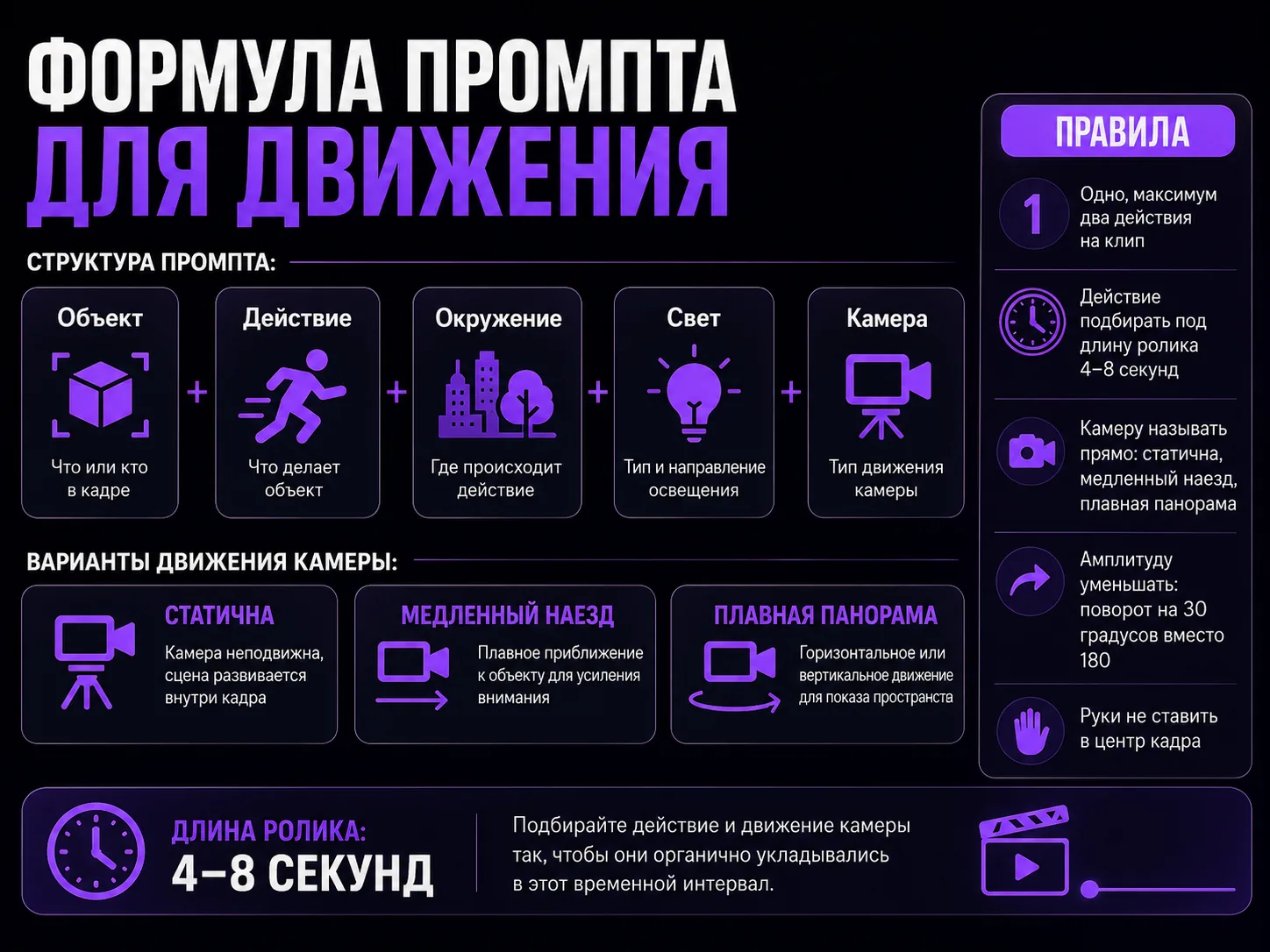 Формула промпта: объект, действие, окружение, свет, камера; одно действие на клип, прямое указание камеры, малая амплитуда, длина 4–8 секунд