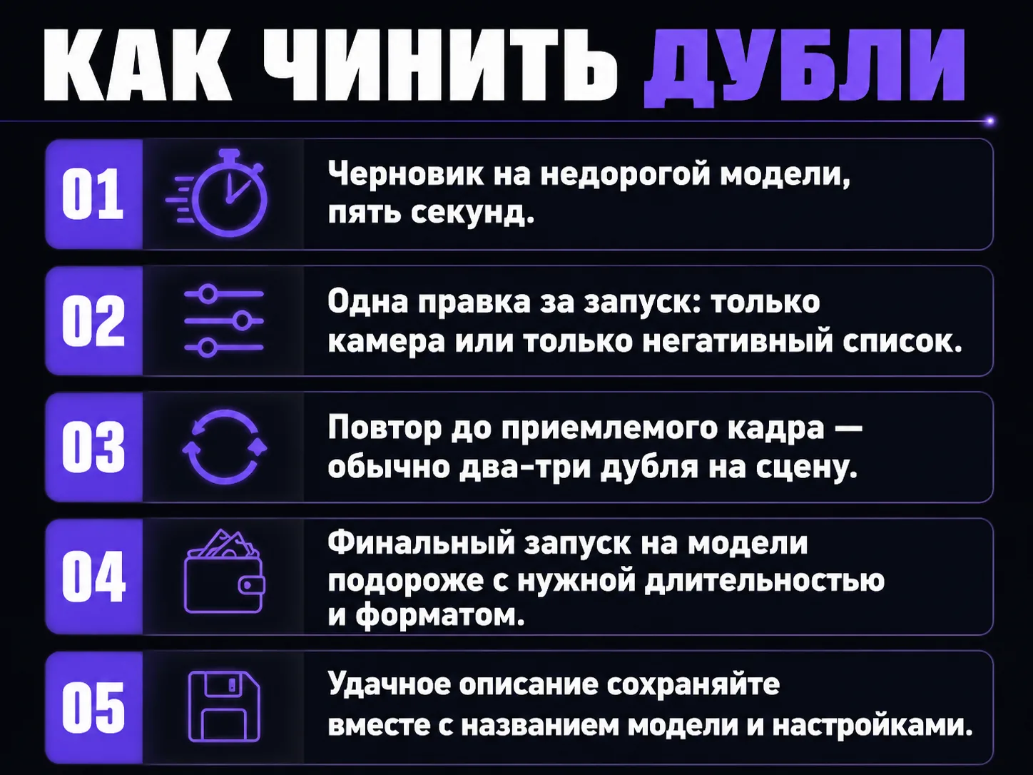 Пять шагов исправления дубля: черновик на дешёвой модели, одна правка за запуск, повтор, финальный запуск, сохранение описания