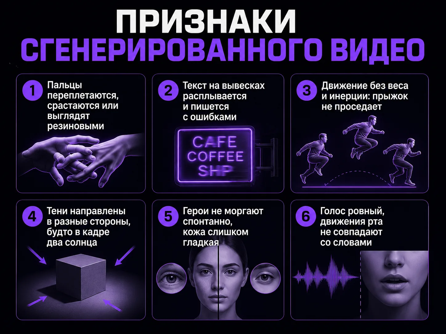 Инфографика с шестью признаками сгенерированного видео: пальцы, текст в кадре, физика движения, тени, моргание и кожа, рассинхрон голоса