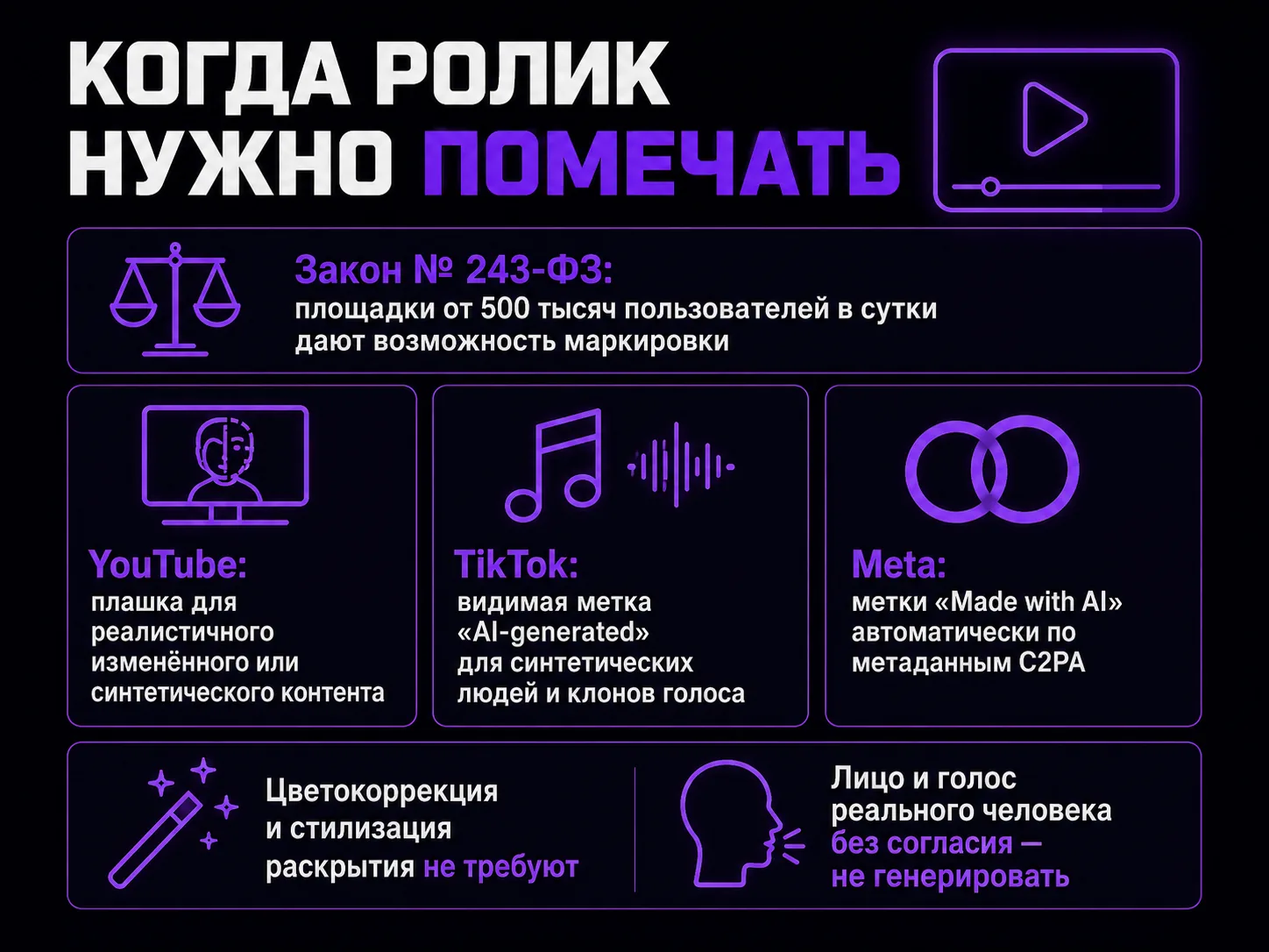 Инфографика с правилами маркировки: закон 243-ФЗ, требования YouTube, TikTok и Meta, исключения и запрет на лицо реального человека